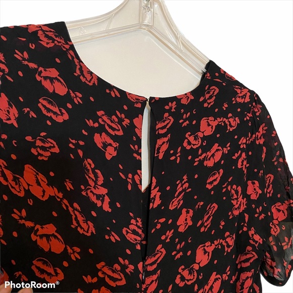 All Saints Luca Eira Red and Black Floral V Neck Dress - Picture 6 of 14
